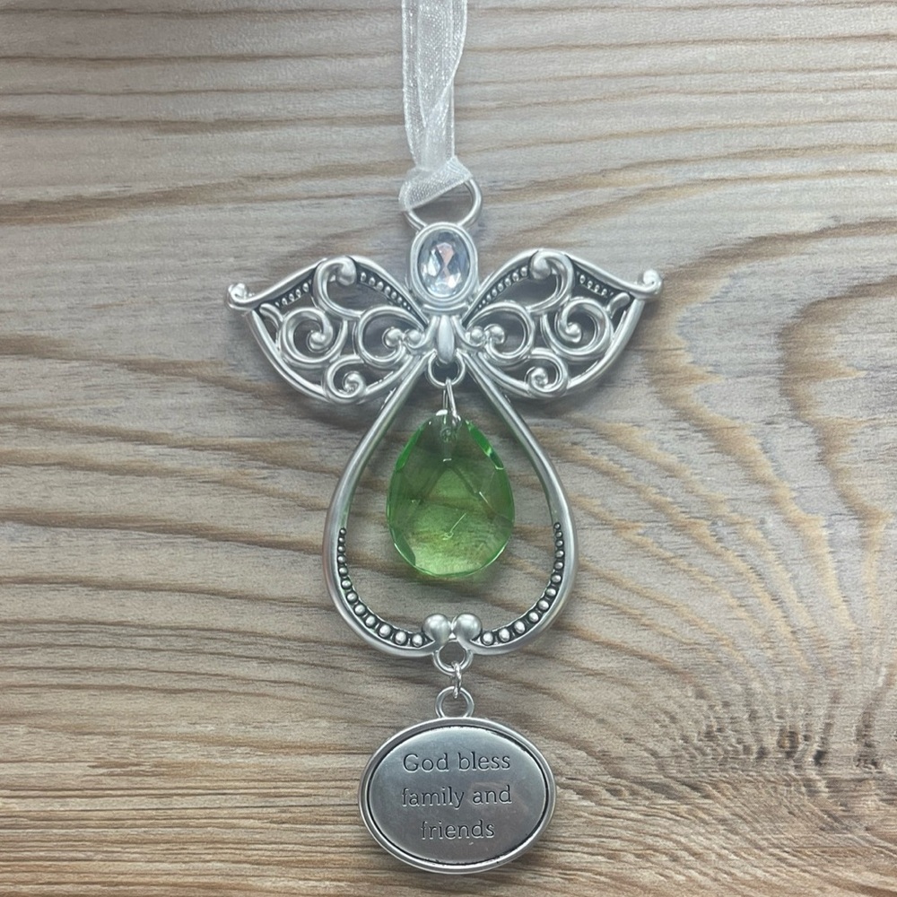 Angel Ornament “God Bless Family And Friends” Silver Tone With Green Rhinestone